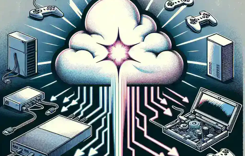 "Ilustrasi platform cloud gaming yang menunjukkan bagaimana teknologi permainan berbasis awan mengurangi ketergantungan pada perangkat keras tradisional, menampilkan berbagai perangkat seperti smartphone, tablet, dan laptop yang terhubung ke server cloud."