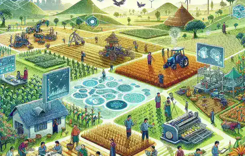 "Ilustrasi inovasi teknologi pangan yang mengintegrasikan kearifan lokal untuk meningkatkan ketahanan pangan, menampilkan produk pertanian tradisional dan modern yang berkelanjutan."