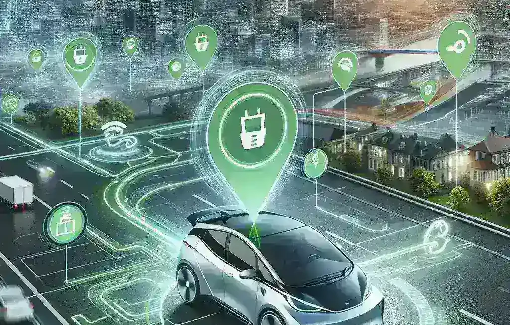 "Google Maps adds energy-efficient navigation feature for electric vehicles, showcasing a map interface highlighting eco-friendly routes."