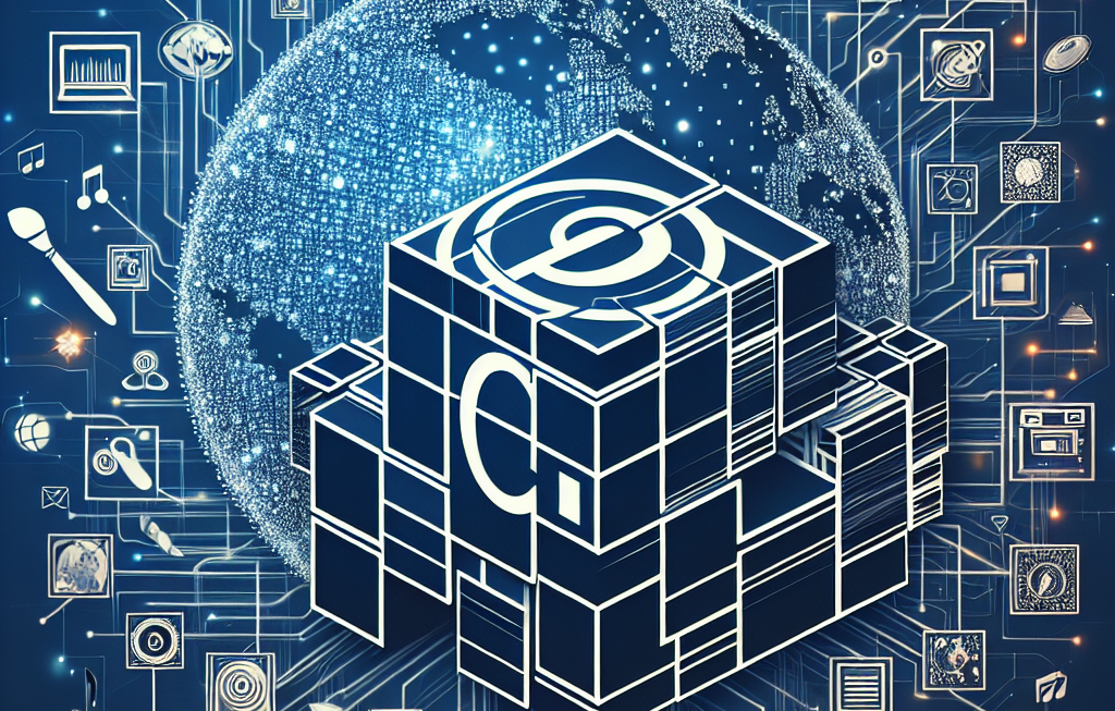 "Ilustrasi konsep blockchain yang melindungi hak cipta dalam era digital, menampilkan diagram teknologi inovatif untuk industri kreatif, simbol perlindungan hak cipta dan transparansi dalam pengelolaan karya seni."